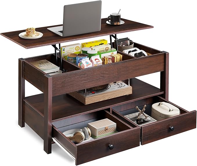 WLIVE Coffee Table, Lift Top Coffee Table with 2 Drawers, Large Storage and Open Shelf, Lift Tabletop for Living Room, Dining Table, Espresso