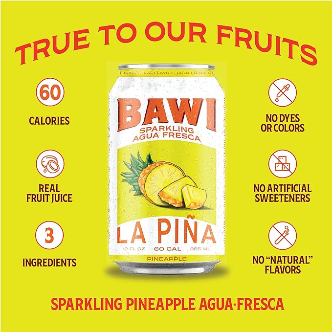 Bawi La Pina Sparkling Agua Fresca, 12 Pack - Pineapple Flavored Water, Plant-Based, Low Calorie, Less Sugar, Culturally-Rooted, Mexican Drink, Made in USA, Better-For-You Soda, Authentic Mexican Drink