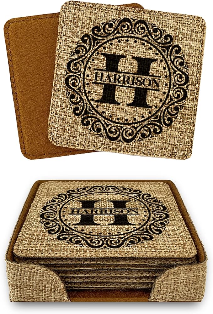 Smile Art Design Family Monogram Custom Coaster Set of 6 with Base Square Burlap Material Family Name Personalized Prints Personalized Gift House Warming Wedding Gift Coffee Table Rustic Decor Style5