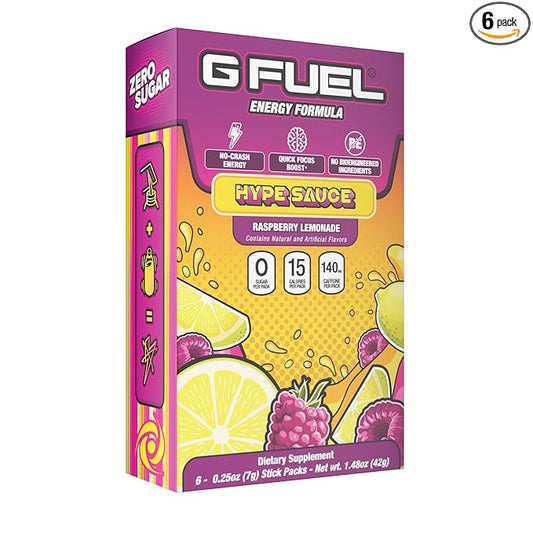 G Fuel Hype Sauce Energy Powder Packets, Sugar Free, Clean Caffeine Focus Supplement, Water Mix, Raspberry + Lemonade Flavor, Focus Amino, Vitamin + Antioxidants Blend - 6 Stick Pack, 0.25 oz