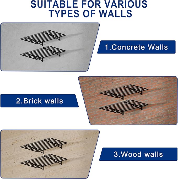 2-Pack 2x4ft Garage Shelving Wall Mounted, 24x43 inch Wall Shelf Heavy Duty Garage Storage Shelves Floating Shelves with Hooks, 500LB Capacity