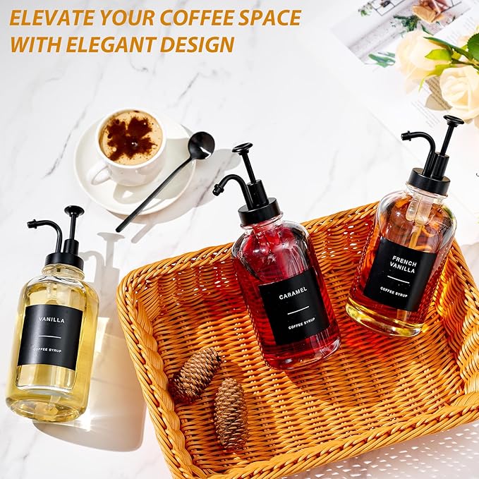 Coffee Syrup Dispenser for Bar, Glass Syrup Bottle with Pump, Coffee Pump Dispenser Bottle with Tray, Spoon for Station, Black,16.9 oz, 500 ml