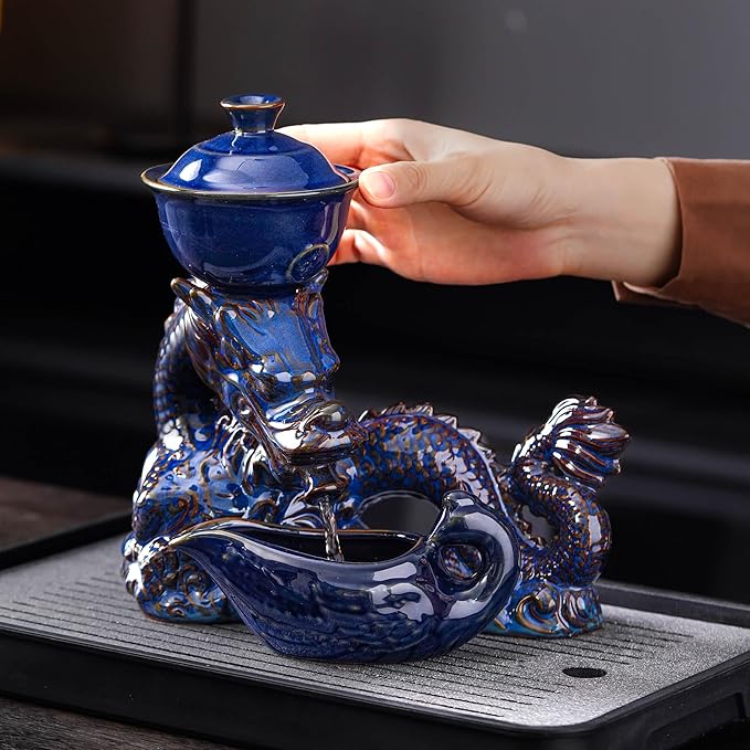 Semi Automatic Tea Set Ceramic Teapot with Infuser Magic Teapot with 8 cups Gradient Color (Dark Blue Dragon-C)