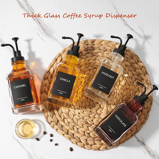 Coffee Syrup Dispenser, Coffee Bar Accessories 16.9 fl oz/500ml, Glass Syrup Dispenser with Pump Dispenser, Labels, Spoons for Coffee Bar, 4 Pack