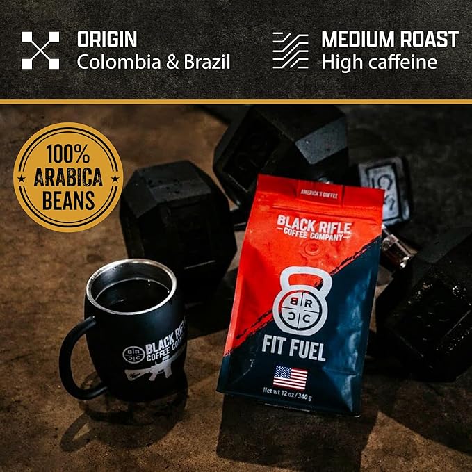 Black Rifle Coffee Company Fit Fuel, 12oz Bag, Whole Bean Medium Roast - Roasted Blend Made from Arabica Beans - Colombian & Brazilian Beans - Veteran Founded & American Made