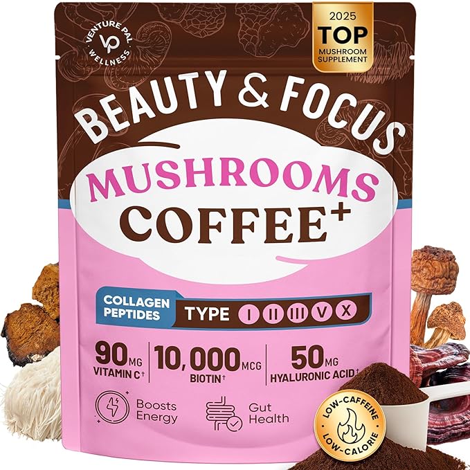 Venture Pal Premium Adaptogenic Mushroom Coffee with Multi Collagen, Lions Mane, Reishi, Chaga, Biotin, Vitamin C - Supports Energy, Focus, Skin, Hair, Nails, Joints, Digestion & Immunity, 30 Servings