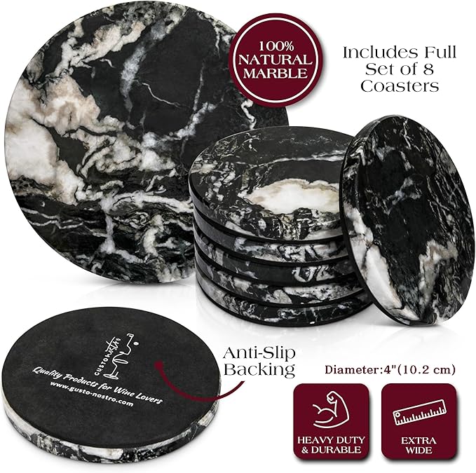 Gusto Nostro Black Marble Coasters Set of 8 - Modern Natural Stone Coasters for Drinks - Solid Marble Kitchen Accessories, Round Artisanal Stone Coaster for Kitchen Counter, Coffee Table, Countertop