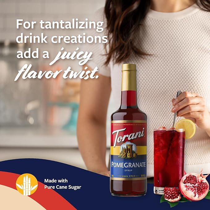 Torani Pomegranate Syrup for Drinks, Flavoring for Iced Tea, Lemonade, Sodas, and Cocktails, Glass Bottle with Pump Included, 25.4 Fl Oz