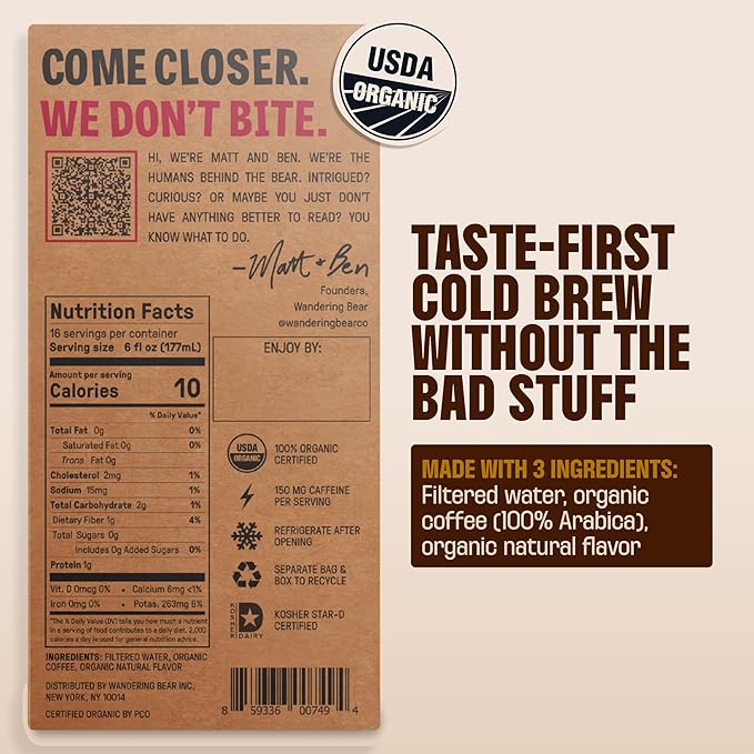 Wandering Bear Organic Mocha Cold Brew Coffee On Tap, Iced Coffee Drink - Extra Strong, Bold, Smooth, No Sugar Added, Shelf-Stable, Ready to Drink,Gluten Free & Vegan -16 Servings of 6fl.oz -96fl.oz