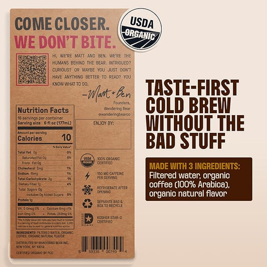 Wandering Bear Organic Mocha Cold Brew Coffee On Tap, Iced Coffee Drink - Extra Strong, Bold, Smooth, No Sugar Added, Shelf-Stable, Ready to Drink,Gluten Free & Vegan -16 Servings of 6fl.oz -96fl.oz