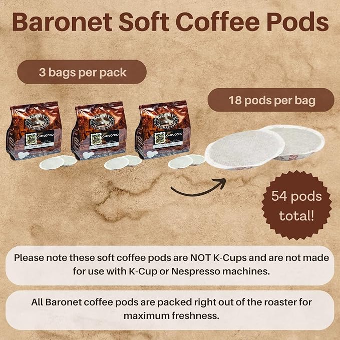 Baronet Coffee Pods [Cappuchino -54 Pods] Single Cup Use for Senseo Machine - 3 Bags of 18 Single Serve 8 Gram, Regular Strength, Medium Roast [Cappuchino]