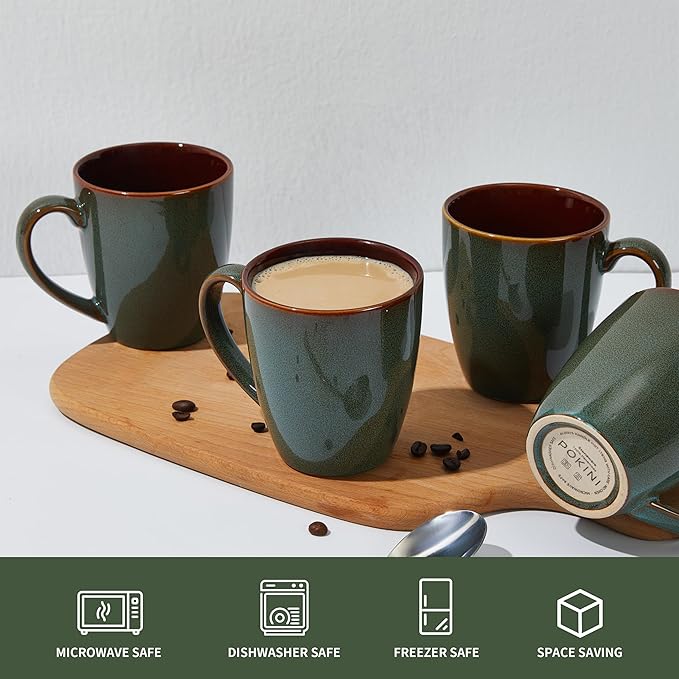 Coffee Mug 14 oz, Ceramic Coffee Mugs Set of 4, Reactive Glaze Mug for Latte/Tea/Cappuccino, Large Stackable Mug Set for Men, Women, Dad, Mom, Dishwasher & Microwave Safe, Brown Green