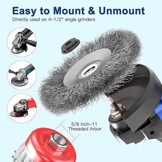 BURMONG 12 PCS Wire Wheel Brush for 4-1/2" Angle Grinder, Carbon Steel Knotted & Crimped Cup/Wheel Brushes (3" & 4"), Heavy Duty Rust, Paint, Corrosion Removal, 5/8"-11 UNC Threaded Arbor
