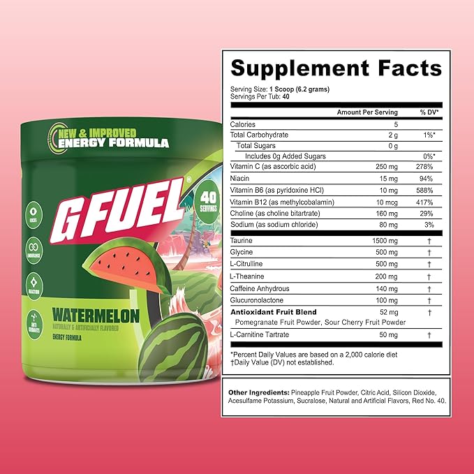 G Fuel Watermelon Energy Drink Powder, Pre Workout Caffeine Mix for Gaming, Sugar Free Focus Amino, Vitamin + Antioxidants, 9.9oz (Watermelon, 40 Servings)