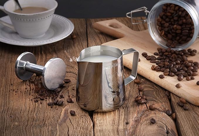 New Star Foodservice 28829 Commercial Grade Stainless Steel 18/8 12-Ounce Frothing Pitcher and Die Cast Aluminum Tamper Combo Set, Silver