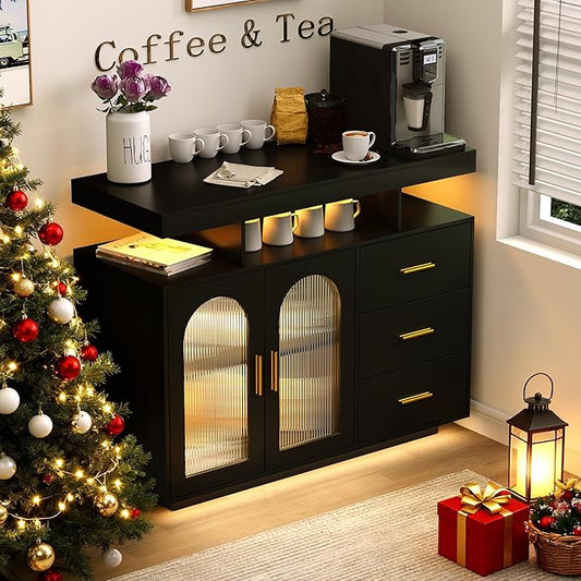 HWB RGB LED Coffee Bar Cabinet Kitchen Storage Cabinet & Sideboard Buffet Cabinets - Wood Coffee Bar Table with Shelf Capacity for Dinning Room/Living Room/Kitchen(Black)