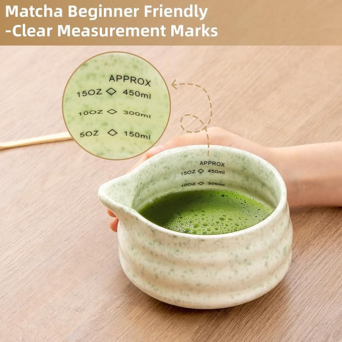 5pcs Premium Matcha Set,Ceramic Bowl with Spout and Bamboo Whisk set, Ceremonical Matcha Kit for breakfast/latte,Tea Starter Making Kit,Unique Matcha Gift set (green)