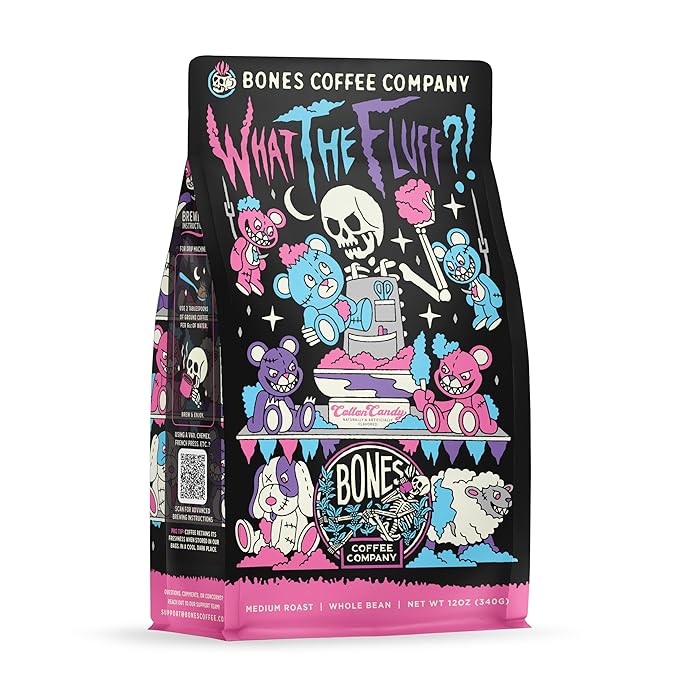 Bones Coffee Company What the Fluff?! Berry Cotton Candy Flavored Coffee, Medium Roast Low Acid Arabica Beans Compatible with Auto drip and French Press Coffee Maker, 12 Oz Whole Bean