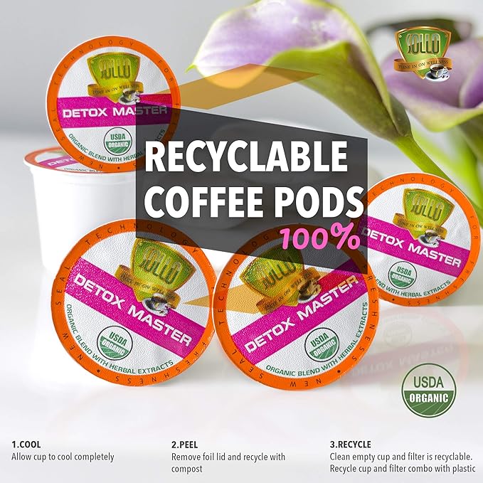 SOLLO Organic Detox Coffee Pods, Supports Diet & Metabolism with Herbal Extracts, Bold Dark Roast, Single Serve Pod, Compatible with Keurig K-Cup Brewers, 24 Ct