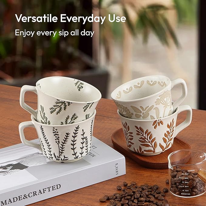 LINVIA Ceramic Coffee Mug, 12 oz Novelty Unique Teacup with Handle, Stoneware Cup for Tea Mocha Latte Cappuccino Espresso (Set of 4, Butterfly Grass Ivy and Leaf) | Novelty, Unique Teacup, Large Handle, Tea, Mocha, Latte