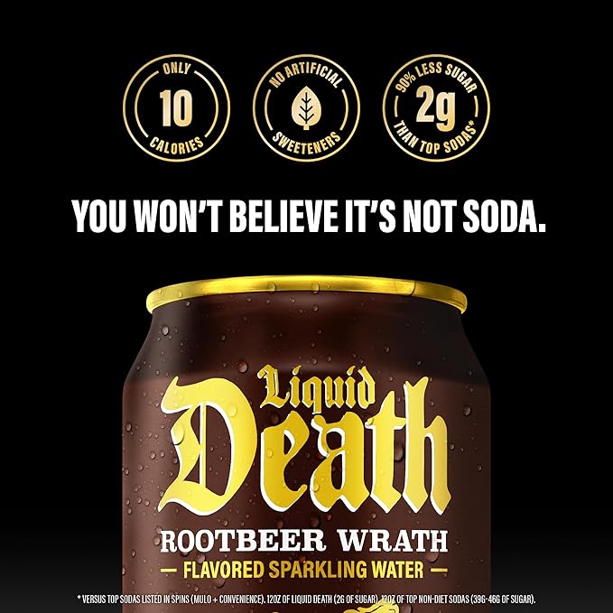 Liquid Death Soda-Flavored Sparkling Water - Rootbeer Wrath, Less Sugar*, Huge Flavor, No Caffeine, No Artificial Sweeteners, 12 Fl Oz (Pack of 12)