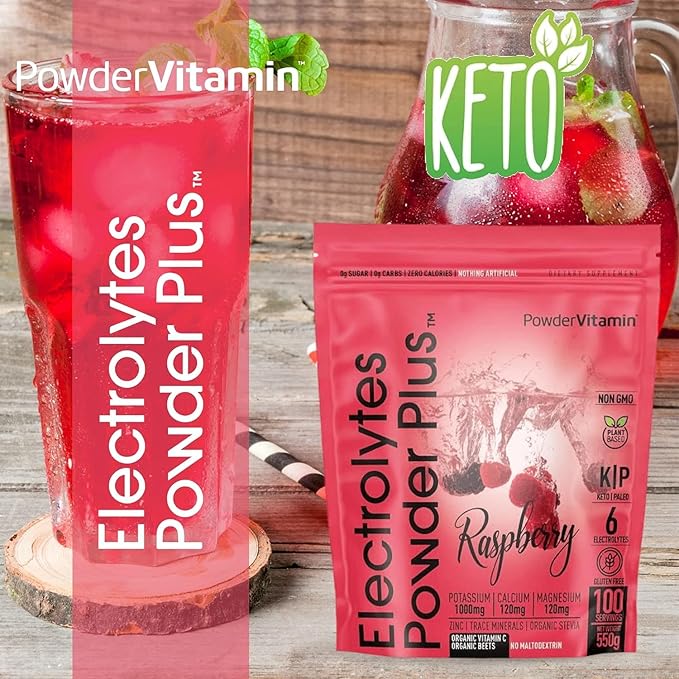 PowderVitamin Electrolytes Powder Plus (100 Servings) Raspberry Electrolyte Powder, Zero Calorie, Keto, 0 Sugar, No Maltodextrin,1000mg Potassium,120mg Calcium,120mg Magnesium, Energy Hydration Powder