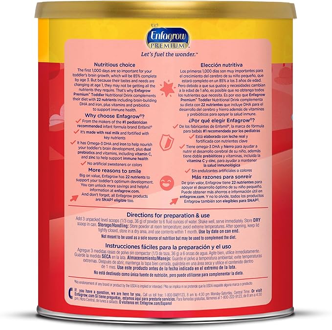 Enfagrow PREMIUM Toddler Nutritional Drink, Made with Real Milk, Brain-Building Omega-3 DHA, Nutrients and Prebiotics for Growth & Immune Support, Non-GMO, Toddler Milk Powder, 32 Oz Can, 6 Count