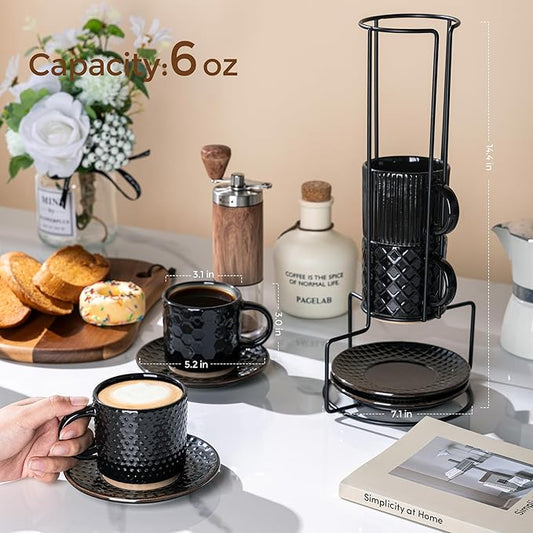 GBhome 6OZ Stackable Coffee Mugs with Stand and Saucer, Ceramic Coffee Mugs Set of 4 with Texture Patterns for Man,Woman,Dad,Mom, Modern Coffee Cups for Latte/Espresso. Dishwasher&Microwave Safe