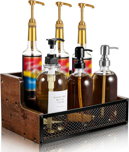 Menkxi Coffee Syrup Rack Liquor Bottle Display Shelf 6/12 Bottles Wood Liquor Shelf with Fences Cabinet for Whiskey Wine Coffee Syrup Display(2 Tier)