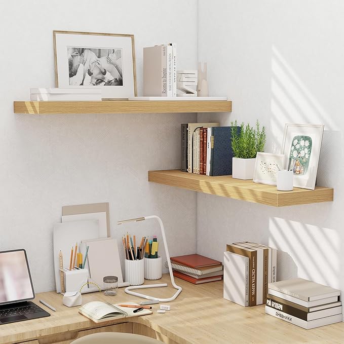 Fun Memories Floating Shelves for Wall 36 Inches, Wood Shelves with Invisible Bracket, 10" Deep Shelves Wall Mounted, Large Wood Floating Shelves for Living Room Bathroom, Oak, Set of 2