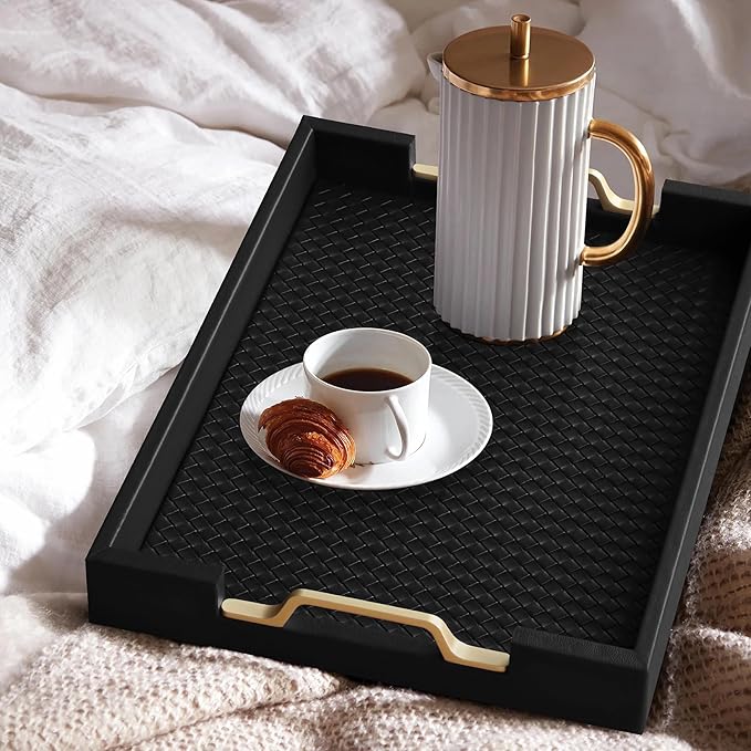 HofferRuffer Faux Leather Rectangle Serving Tray Decor Platter with Gold Metal Handles for Coffee Table, Breakfast, Tea, Food, Countertop, Kitchen, Butler Tray, 16.2 x 12.2 x 2 inches (Classic Black)
