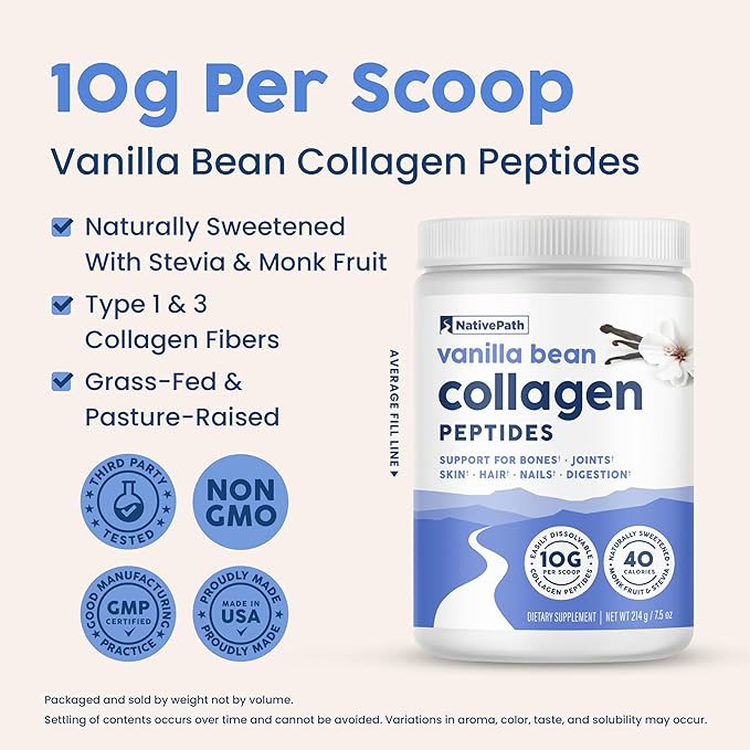 NativePath Collagen Peptides - Hydrolyzed Type 1 & 3 Collagen. Keto & Paleo Grass-Fed Protein Powder for Hair, Skin, Nails, Bones, Joints, Digestion and More - No Gluten or Dairy (Vanilla Bean, 214g)