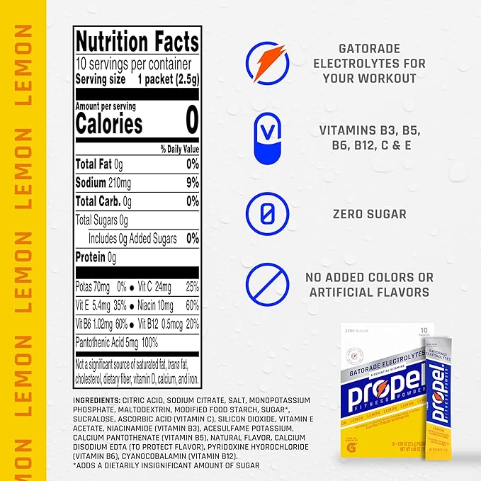Propel Electrolyte Enhanced Water Drink Mix Powder Packets,Lemon,Zero Calorie & Sugar,Hydration with Electrolytes and Vitamins C & E,(Pack of 240)