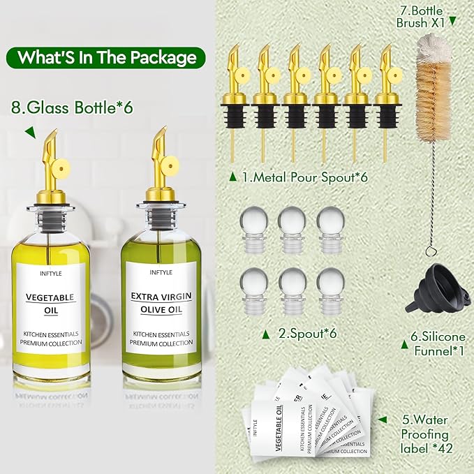 INFTYLE Olive Oil Dispenser Bottle Glass Coffee Syrup Bottles Set of 6 Cooking Oil bottles for kitchen, with Pourer Spout, Sealing Stopper, Labels, Funnel, Cleaning Brush (12 oz)