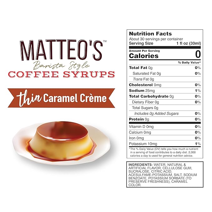 Matteo's Caramel Creme for Coffee, Lattes, Cappuccinos & Desserts – Sugar-Free Sweetener for Beverages, Keto Friendly, Zero Calories, Indulgent Flavor, Non-Alcoholic, Ideal for Hot Drinks 33.8oz (6pk)