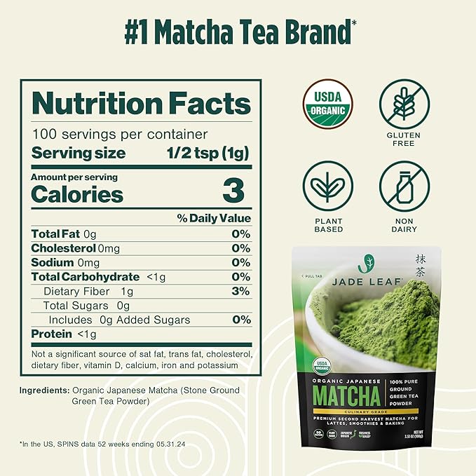 Jade Leaf Matcha Organic Premium Culinary Grade Matcha Green Tea Powder, for Matcha Lattes, Mochi, and Baking, Japanese Grown and Packed, 3.53 Ounce (Pack of 1), Culinary