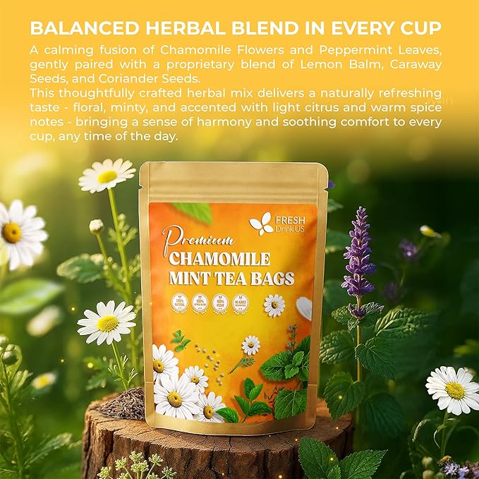 FreshDrinkUS, Chamomile Mint Tea Bags | 135 Count | Refreshing Herbal Blend of Chamomile Flower, Peppermint, Lemon Balm & other herbs – Smooth Floral & Minty Flavor – Premium Quality, Caffeine-Free