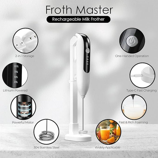 GOCHA | FrothMaster X2 Rechargeable Milk Frother – 2-Speed Handheld Foam Maker for Coffee, Lattes, Matcha – USB-C Charging, Stainless Steel Whisk, Stand Included (White)