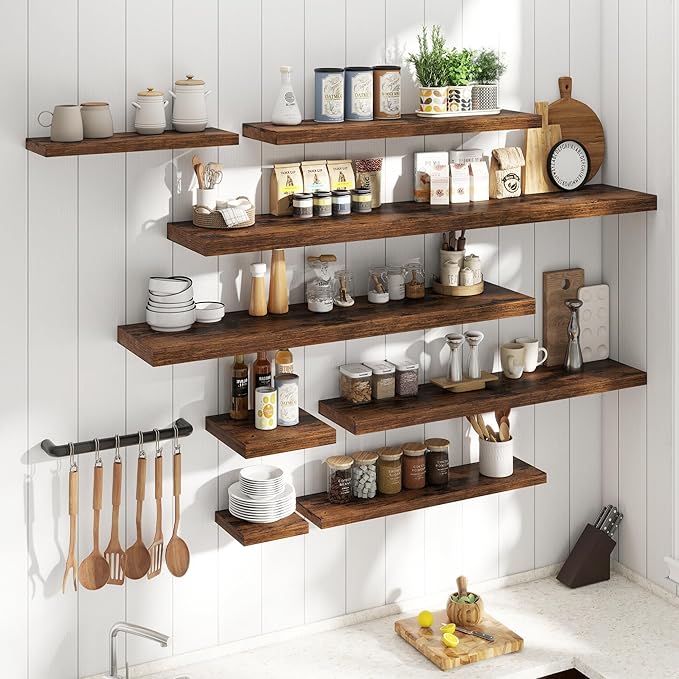 Floating Shelves for Wall with Invisible Brackets, Wall Mounted Engineered Wood Shelves with Wood Grain for Living Room, Bathroom, Kitchen Decor and Storage, Oak, 55"L Set of 2, Rustic Brown