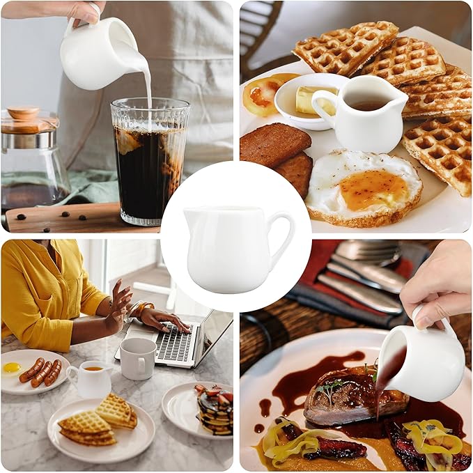 6 Pack 8 oz Ceramic Creamer with Handle, White Porcelain Cream Pitcher with Handle, Small Sauce Jus Small Pitchers for Milk, Coffee, Tea, Jam, Sauces