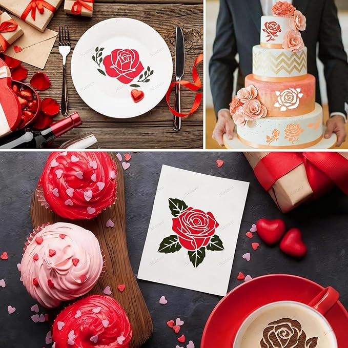 Rose Flower Cake Stencils Kit Reusable Floral Cookie Coffee Stencil Drawing Template for Valentines Day Dessert Buttercream Painting DIY Crafts Decor (25 Pcs)