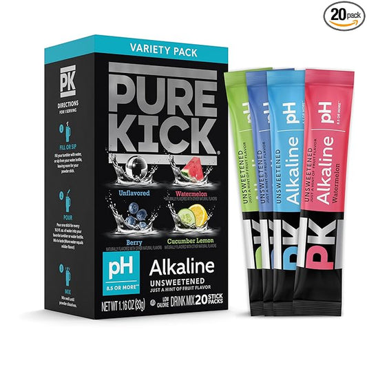 Pure Kick Alkaline Singles to Go! Powdered Drink Mix, 20ct Variety Pack, Unsweetened with a Hint of Flavor - Watermelon, Berry, Cucumber Lemon and Unflavored, 20 Servings (Pack – 1)