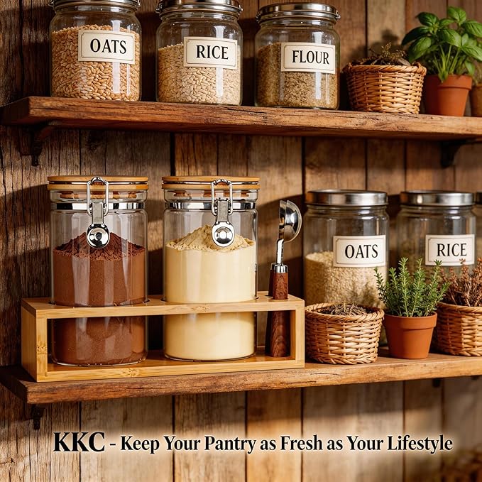 Glass Protein Powder Container Set, 40oz Airtight Collagen Storage Jars with Bamboo Lids & 1 TBSP Measuring Spoons (2 Pack) - Wide Mouth Aesthetic Countertop Dispenser Organizer for Kitchen