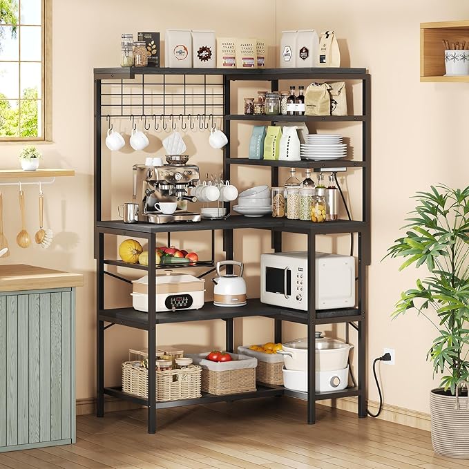 iabifo L-Shaped Bakers Rack with Power Outlet, 6-Tier Microwave Stand with Open Storage, Coffee Bar with Hooks, Mesh Grid, Kitchen Shelf with Wire Basket, Black