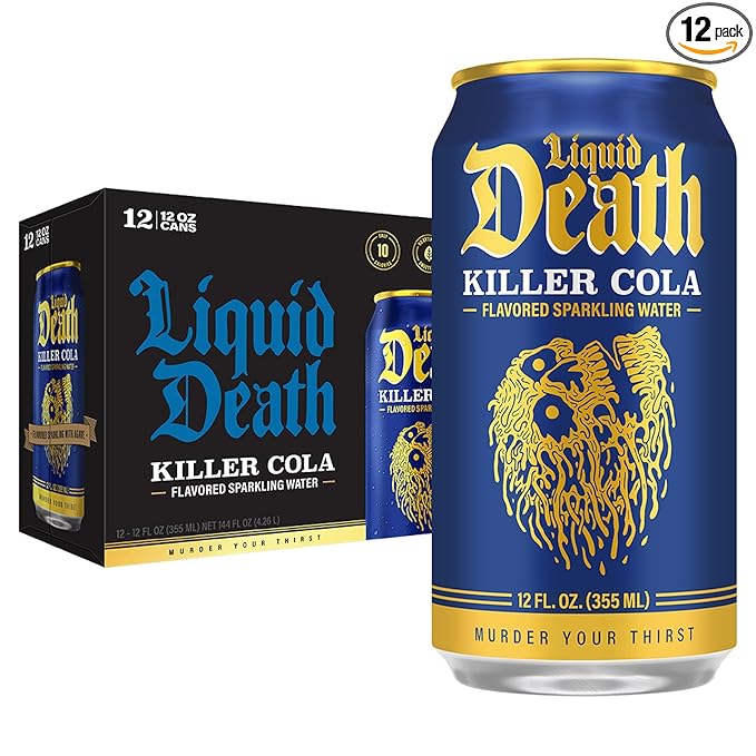 Liquid Death Soda-Flavored Sparkling Water - Killer Cola, Less Sugar*, Huge Flavor, No Caffeine, No Artificial Sweeteners, 12 Fl Oz (Pack of 12)