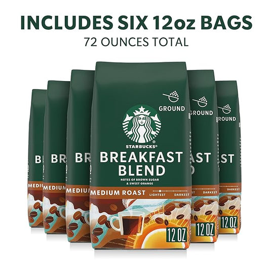 Starbucks Ground Coffee, Medium Roast Hot or Iced Coffee, Breakfast Blend, Six 12 oz Bags
