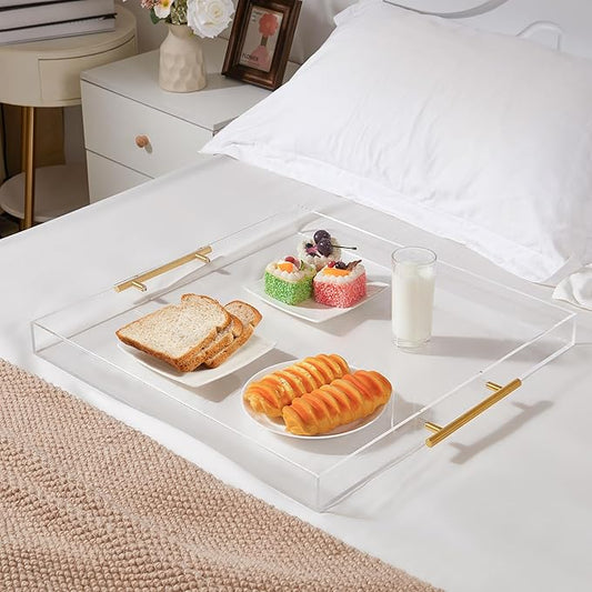 Extra Large Clear Acrylic Serving Tray (21×21 Inches) with Gold Handles Spill Proof Acrylic Over Size Big Decorative Tray Organiser for Ottoman Coffee Table Countertop