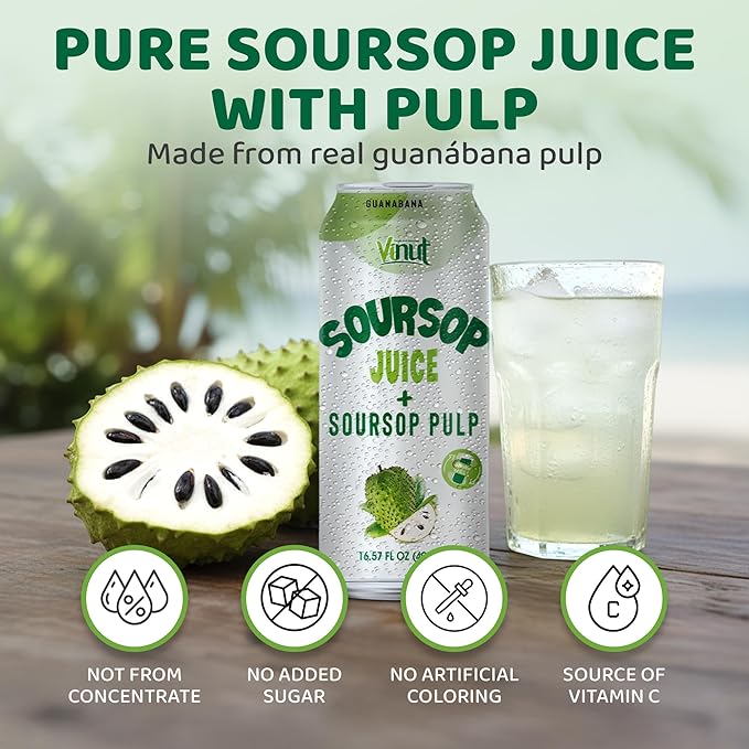 Vinut 100% Soursop Juice With Pulp (16.57 fl oz, Pack 24), No Sugar Added, Real Guanabana Soursop Graviola Drink, Fresh, Natural, Not from Concentrate (NFC)