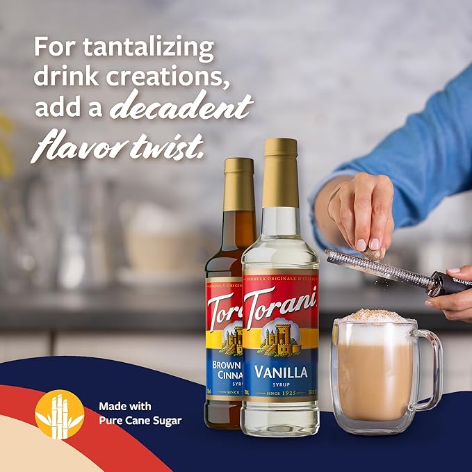 Torani Syrups, Brown Sugar Cinnamon and Vanilla Syrup Variety 2-Pack, Coffee Syrups for Drinks, Pumps Included, 25.4 Fl Oz Ea