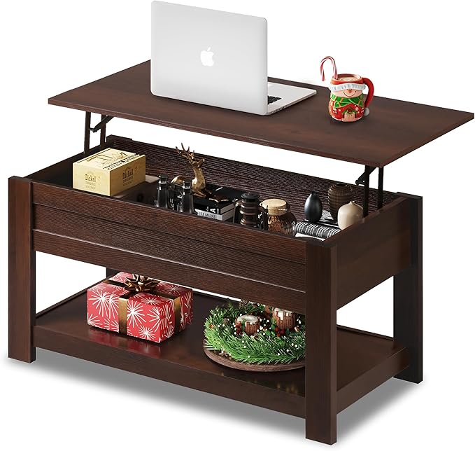 WLIVE Coffee Table, 39" Lift Top Coffee Table with Hidden Compartment, Storage Shelf and Lifting Top for Home Living Room, Office and Bedroom, Red-Brown